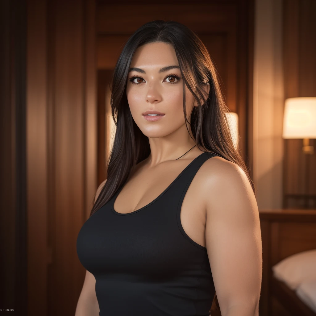 Best_QualityPos, RAW photo, intricate details, best quality, 8k uhd, soft lighting, 1girl, solo, black tank top  <lora:Daniella_Melo:0.7>