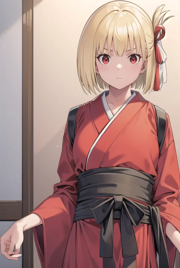 chisatonishikigi, <lora:chisatonishikigichickeiii-lora-nochekaiser:1>,
nishikigi chisato, short hair, bangs, blonde hair, (red eyes:1.5), hair ribbon, one side up, bob cut,
BREAK japanese clothes, kimono, apron, red ribbon, waitress, red kimono,
BREAK indoors, cafe,
BREAK looking at viewer, (cowboy shot:1.5),
BREAK <lyco:GoodHands-beta2:1>, (masterpiece:1.2), best quality, high resolution, unity 8k wallpaper, (illustration:0.8), (beautiful detailed eyes:1.6), extremely detailed face, perfect lighting, extremely detailed CG, (perfect hands, perfect anatomy),
