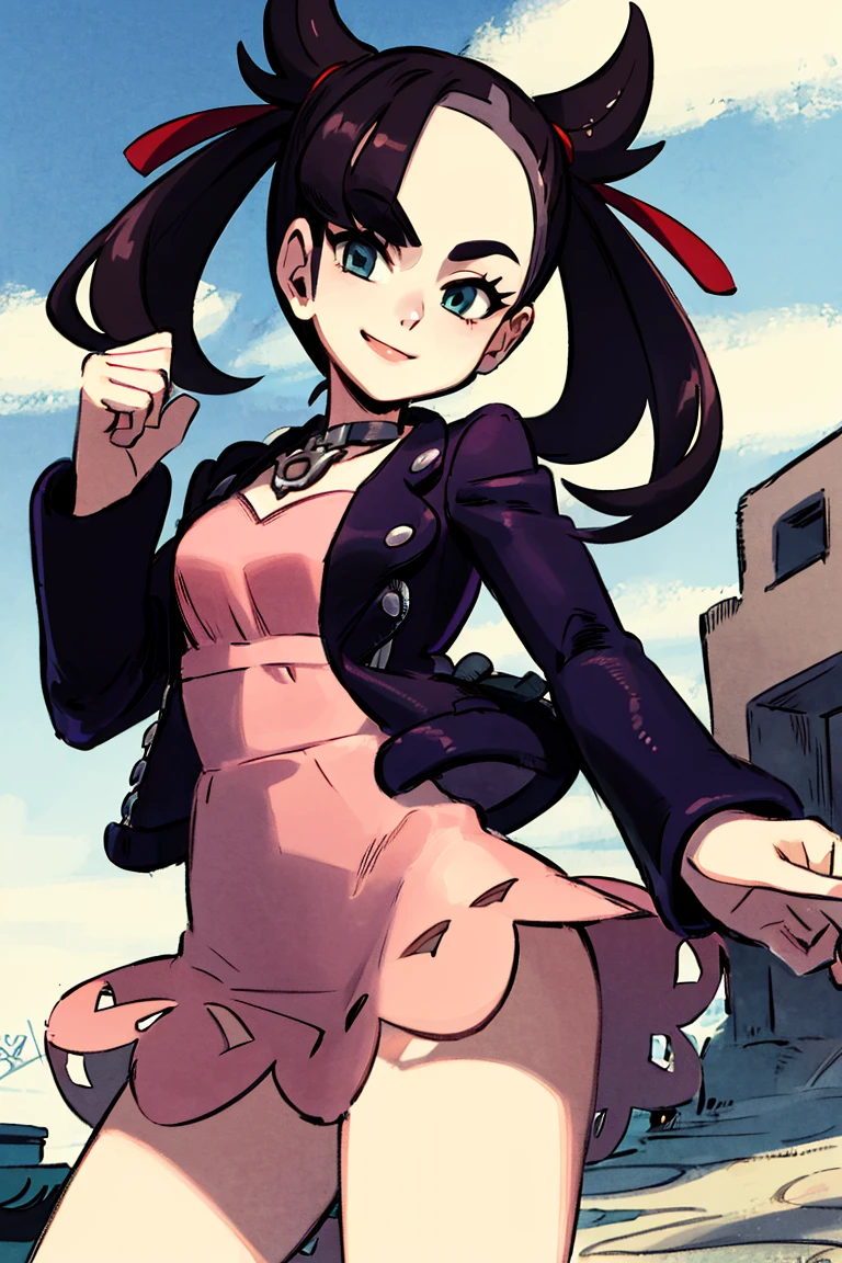 <lora:Alex_Ahad_Style:1>, ((masterpiece,best quality)), absurdres, <lora:marnie_v1:0.7>, hmmarnie, aqua eyes, black choker, red ribbon, pink dress, jewelry, black jacket, open clothes, long sleeves,  solo, smiling, looking at viewer, cowboy shot, cinematic composition, contrapposto,