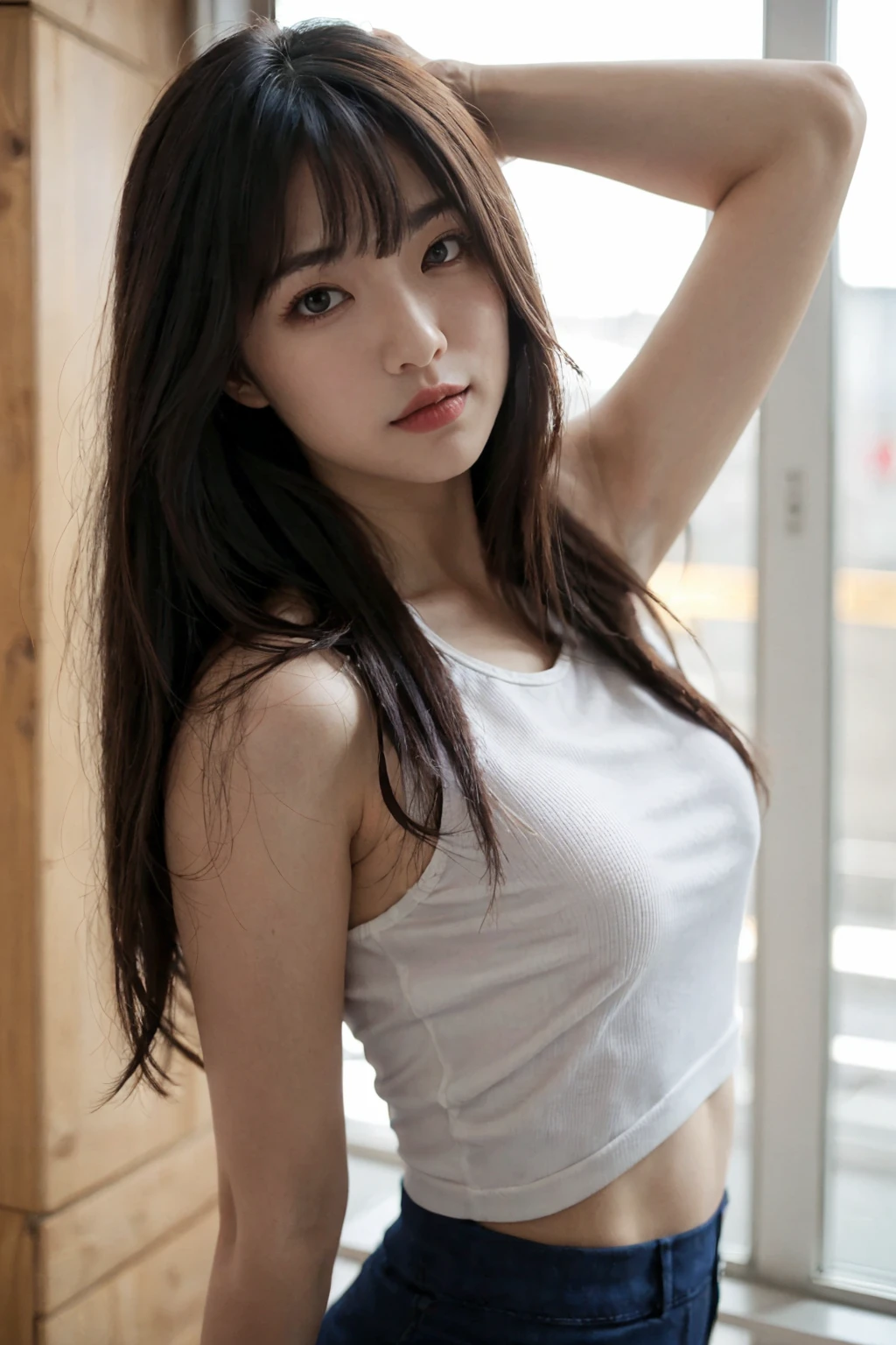 adult lady, posing to viewer, solo:1, pov,
random place, random background, random pose, long hair, upper body, white top tank,