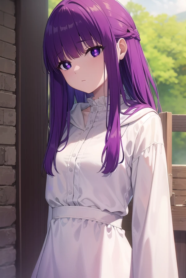 fern, <lora:fernv2-lora-nochekaiser:1>,
fern, long hair, bangs, (purple eyes:1.1), purple hair, sidelocks, blunt bangs, (bright pupils:1.5), half updo,
BREAK shirt, dress, jacket, white shirt, open clothes, hood, white dress, hood down,
BREAK outdoors, sky, nature,
BREAK looking at viewer, (cowboy shot:1.5),
BREAK <lyco:GoodHands-beta2:1>, (masterpiece:1.2), best quality, high resolution, unity 8k wallpaper, (illustration:0.8), (beautiful detailed eyes:1.6), extremely detailed face, perfect lighting, extremely detailed CG, (perfect hands, perfect anatomy),