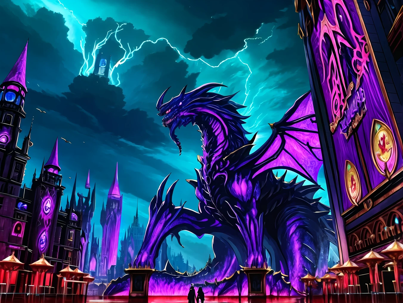 anime, fantasy, magic, fairytale, city plaza square, monster kingdom capital, cinematic lighting, glowing, outdoors, myth, mystic, eldrith horror, monster reign, vivid styles, stunning environment, ornate, vibrant colors, creepy, monster horde, intricate details, fantasy magic scenery, digital illustration , sharp focus, photo-realistic