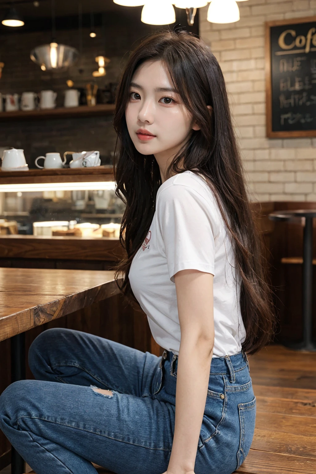 adult girl, (whole body, full body, slim body, medium breasts), looking at viewer, coffeeshop, solo:1, (long hair), (detailed face),
close shot, (face upward:0.37), shirt,