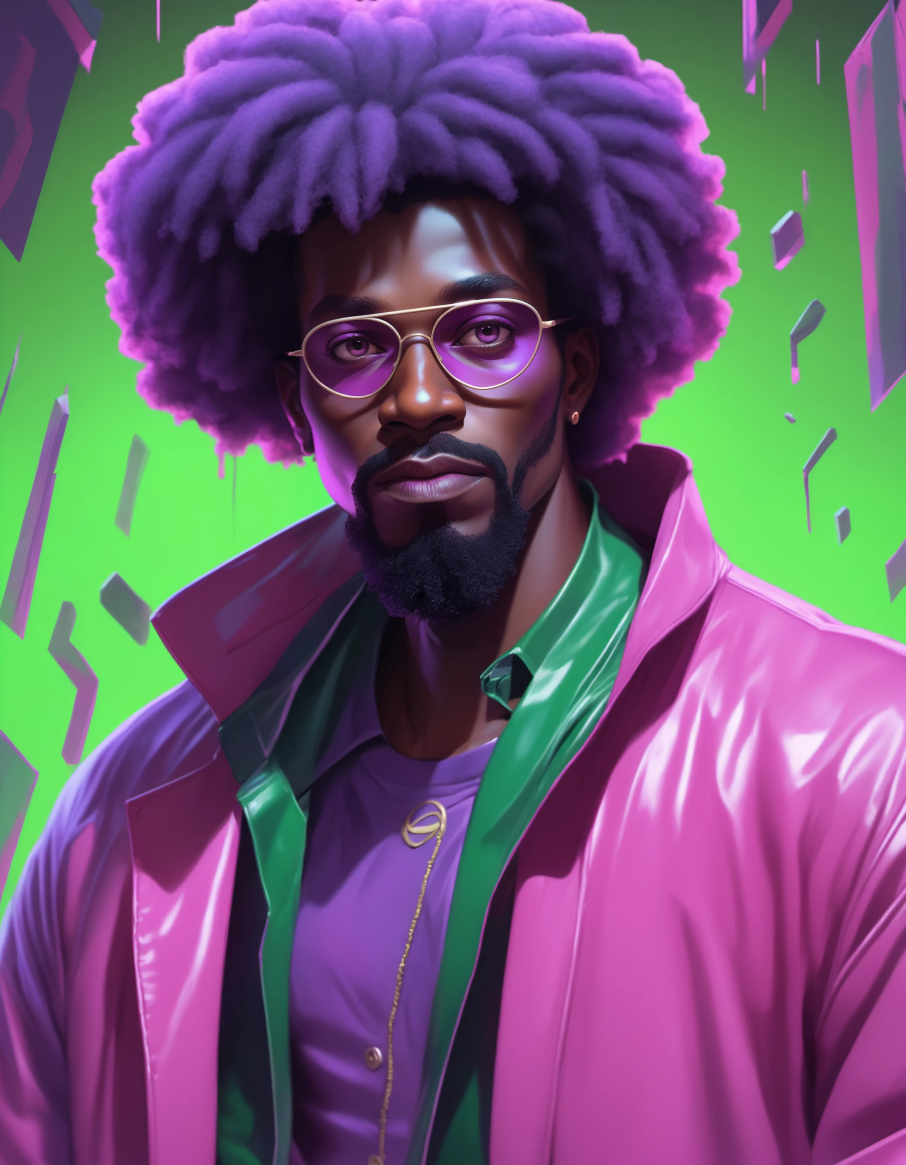 fantastic dark fantasy, afrofuturism, African hip hop vibes, samdoesarts portrait illustration 3d man, in the style of purple, pink and green, charles vess, confessional, sketchy, glitchy, bob ross, chalk, Alex Ross, marvel comics, marvel movies