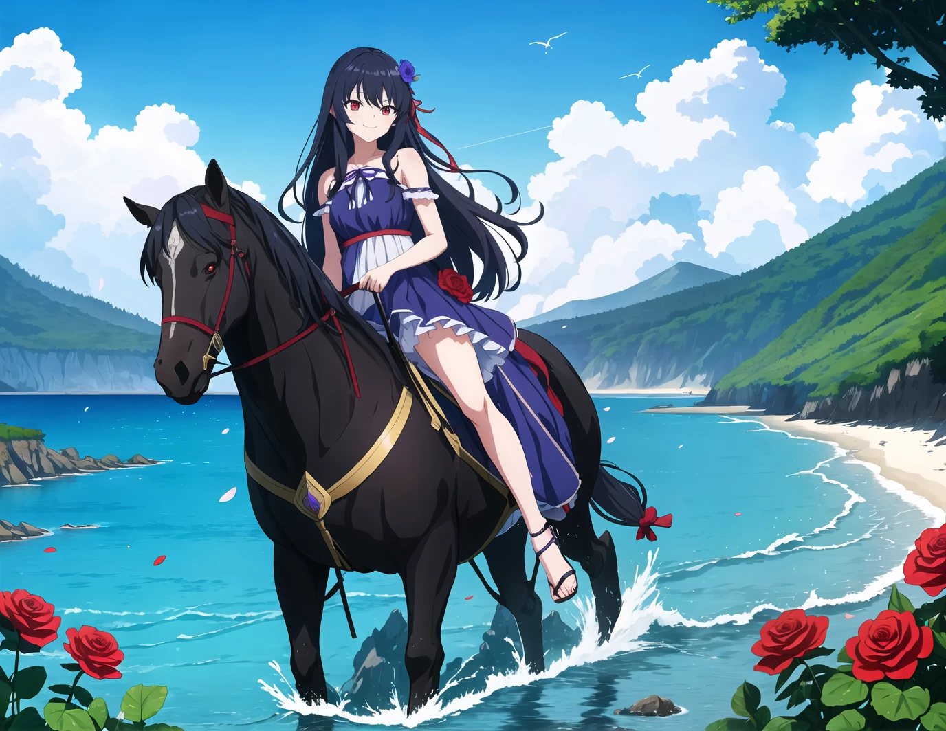 anime illustration artwork by Gyoshū Hayami, standing, water, solo, cloudy sky, hair between eyes, outdoors, ocean, petals, blue ribbon, hair ribbon, holding flower, looking at viewer, purple flower, red eyes, rose, dress, blue flower, day, sky, long hair, horizon, water drop, mountainous horizon, white dress, masterpiece, black hair, blue rose, girl, cloud, dutch angle, bangs, ribbon, flower, waves, bare shoulders, blue sky, smile, sleeveless, beach, highres, canon eos r3, hyper-detailed, 4k, on the background A Scottish man riding his horse through a flowering forest clearing