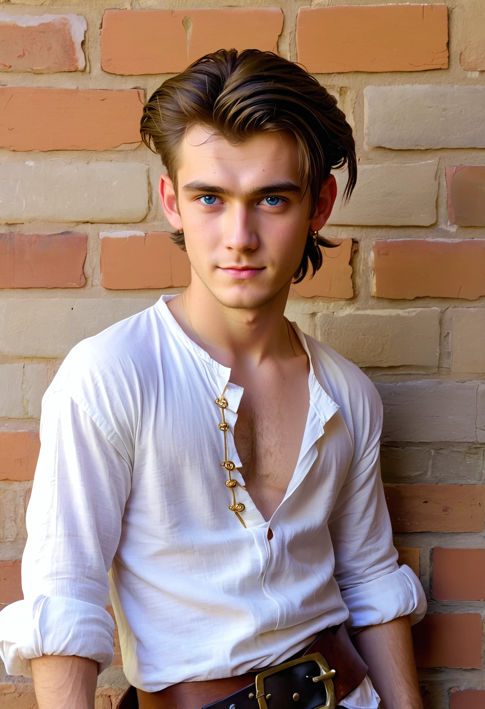 A photo of HawkJim, 15 years old, happy, short pirate tail in back, detailed eyes, white shirt, gold earring, looking at viewer, 8k, high defintion, leaning against brick wall