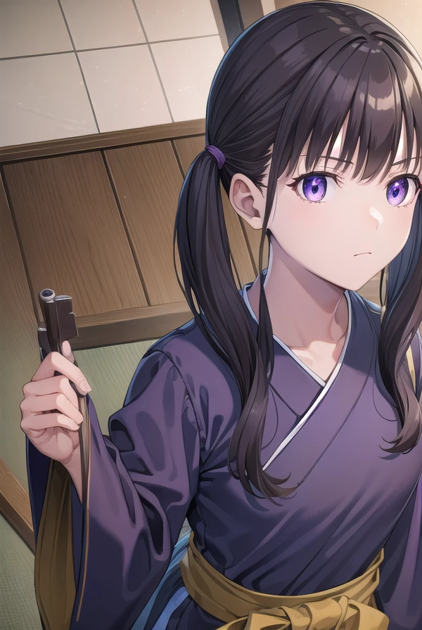 takinainoue, <lora:takinainouechickeiii-lora-nochekaiser:1>,
inoue takina, long hair, bangs, twintails, black hair, (purple eyes:1.2),
BREAK japanese clothes, kimono, apron, waist apron, blue kimono, waitress,
BREAK indoors, cafe,
BREAK looking at viewer, (cowboy shot:1.5),
BREAK <lyco:GoodHands-beta2:1>, (masterpiece:1.2), best quality, high resolution, unity 8k wallpaper, (illustration:0.8), (beautiful detailed eyes:1.6), extremely detailed face, perfect lighting, extremely detailed CG, (perfect hands, perfect anatomy),