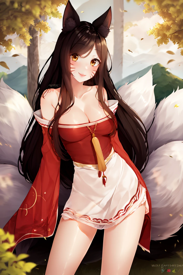 <lora:Puppypaww_Style:1>, ((masterpiece,best quality)), absurdres, ah1, facial mark, multiple tails, fox tails, korean clothes, cleavage, bare shoulders, detached sleeves, <lora:ahri_v10:0.7>, outdoors, standing, cowboy shot, smile, contrapposto
