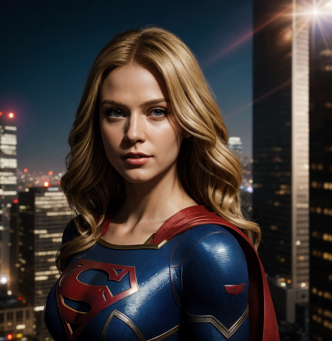 Supergirl , hero, hair blonde, cape red, skirt red, boot red , hero suit texture, light((masterpiece)), ((best quality)), (ultra-detailed), absurdres, extremely detailed CG unity 8k wallpaper,Accurate describe shapes, (realistic), beautiful face, detailed hands, expressive eyes, upper body, ((close-up)), solo, city, scenery, dramatic light, (standing, superhero) , ((masterpiece)), absurdres, HDR, building,  <lora:epi_noiseoffset2:0.7>