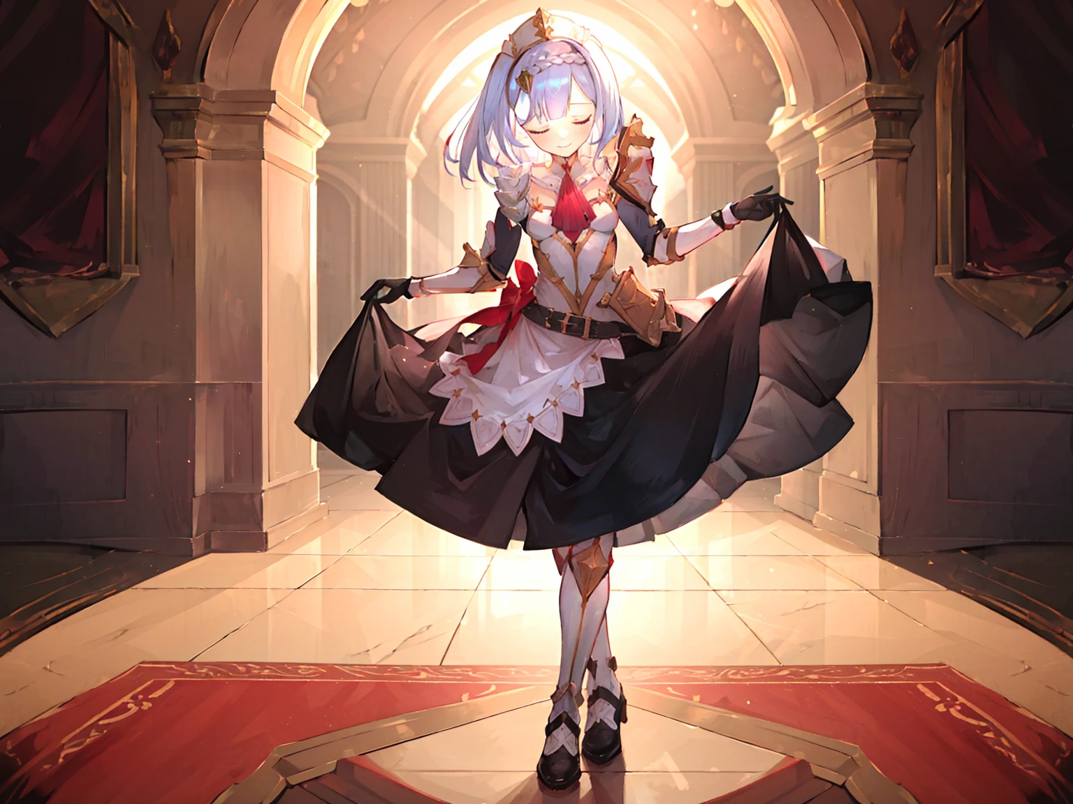 ((masterpiece,best quality)), highres, 1girl, noelledef, black pantyhose, boots, standing, closed eyes, smile, closed mouth,