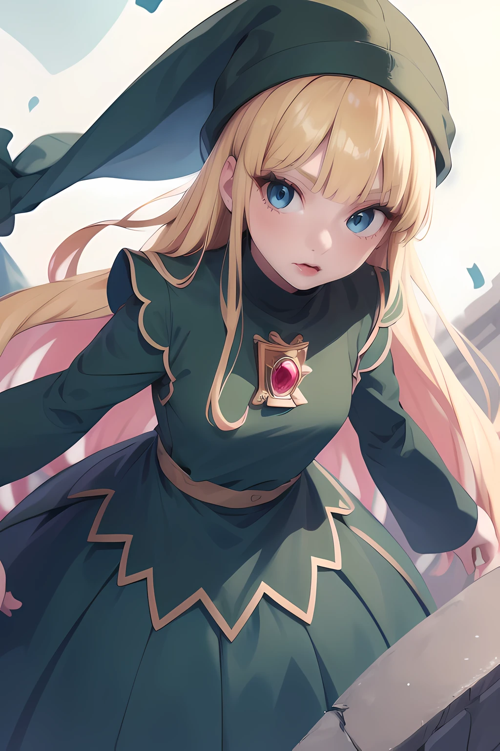 masterpiece, higher,highly detailed, absurdres,ultra high res,witchP4, 1girl,  solo, blonde hair, long hair, blunt bangs,princess cut, hime cut, blue eyes, boots, green dress, long sleeves,hat,red gem,wavy mouth, high angle,ruins,  <lora:witchP4_v10f512:1>,
