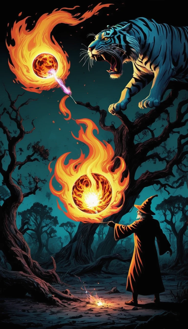 dark savannah background, french comic art style
BREAK
a wizard casting fireball at a tiger, trippy surrealism, psychedelic <lora:SDXL_Black_Sa_May:0.7>