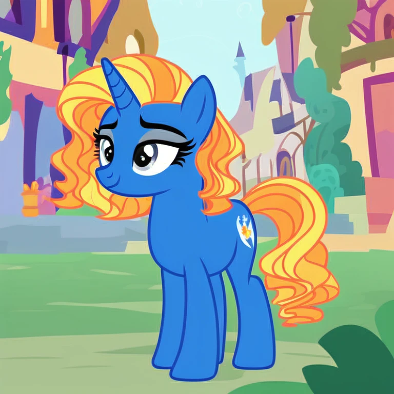 rating_safe, score_9, pony, annabeth chase as a pony, show accurate, flat colors, annabeth chase, mare, blue coat, curly blonde mane, curly hair, unicorn, gray eyes, architect cutie mark