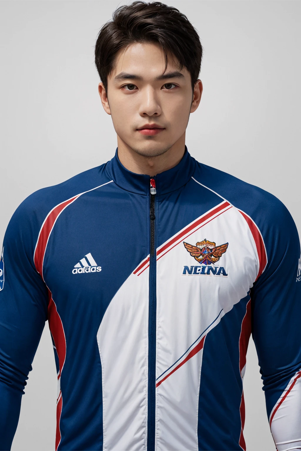 a man:1.3 standing, looking to viewer, pov, upper body, simple background, sport suit