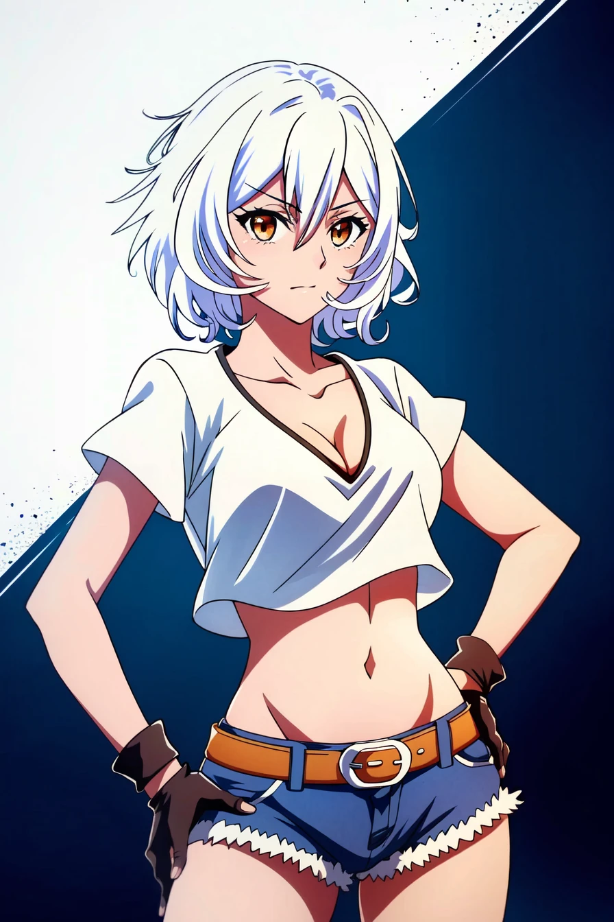 <lora:Altria Grem:1> Altria Grem, 1girl, solo, gloves, navel, shorts, hand on hip, breasts, denim, dark-skinned female, dark skin, denim shorts, fingerless gloves, belt, black gloves, midriff, looking at viewer, shirt, cowboy shot, short shorts, white hair, cleavage, cutoffs, white shirt, short sleeves, hair between eyes, crop top, brown eyes, blue shorts, medium breasts, closed mouth, collarbone, medium hair, ((Shonen Style)), (detailed background, intricate background:1.1), beautiful ((Extremely Detailed)), ((Best Quality)), ((Masterpiece)), ((4k))