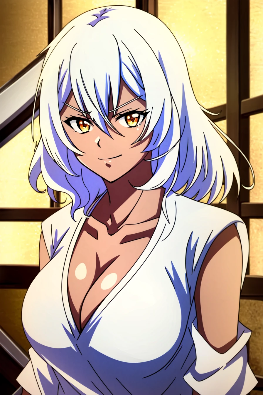 <lora:Altria Grem:1> Altria Grem, breasts, 1girl, cleavage, solo, white hair, large breasts, hair between eyes, dark skin, shirt, dark-skinned female, looking at viewer, upper body, white shirt, orange eyes, collarbone, indoors, smirk, ((Shonen Style)), (detailed background, intricate background:1.1), beautiful ((Extremely Detailed)), ((Best Quality)), ((Masterpiece)), ((4k))