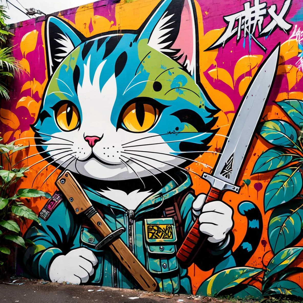 Graffiti style anime style, adventurer cat, dense jungle, holding a machete . Street art, vibrant, urban, detailed, tag, mural, (Highest Quality, 4k, masterpiece, Amazing Details:1.1), film grain, Fujifilm XT3, photography,