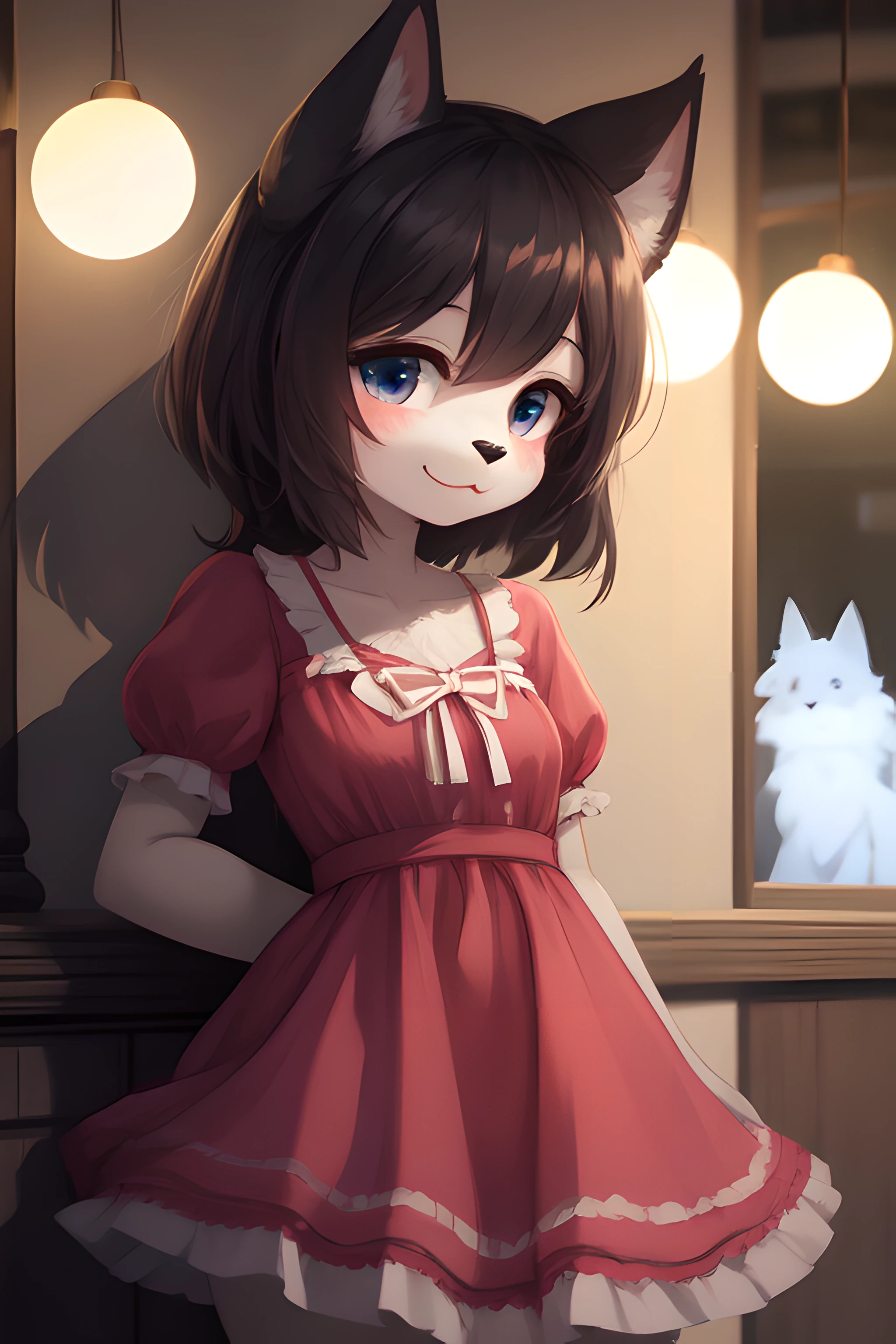 (furry:1.2), focus on face, cute dress, beautiful lights and shadows