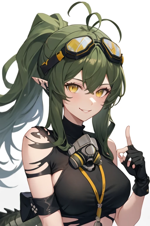 best quality, masterpiece, highres, solo, {gavial_arknights:1.15}, green_hair, long_hair, bangs, pointy_ears, yellow_eyes, hair_between_eyes, smile, breasts, antenna_hair, upper_body, ponytail, 1girl, gloves, goggles, goggles_on_head, looking_at_viewer, mask, simple_background, white_background, bare_shoulders, black_gloves, fingerless_gloves, hand_up, portrait, respirator