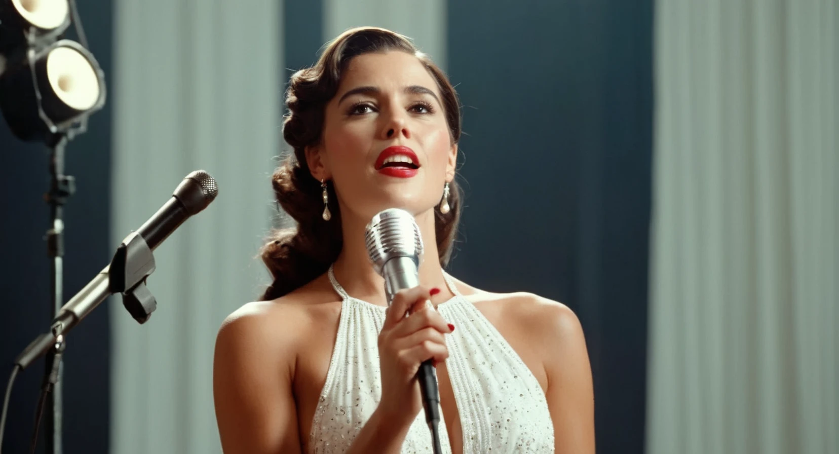 cinematic film still of <lora:Retro:1> Grainy Cinematic Film stock footage in (arri alexa style) Kodak film print, a woman in a white dress holding a microphone while singing on a stage retro style, shallow depth of field, vignette, highly detailed, high budget, bokeh, cinemascope, moody, epic, gorgeous, film grain, grainy