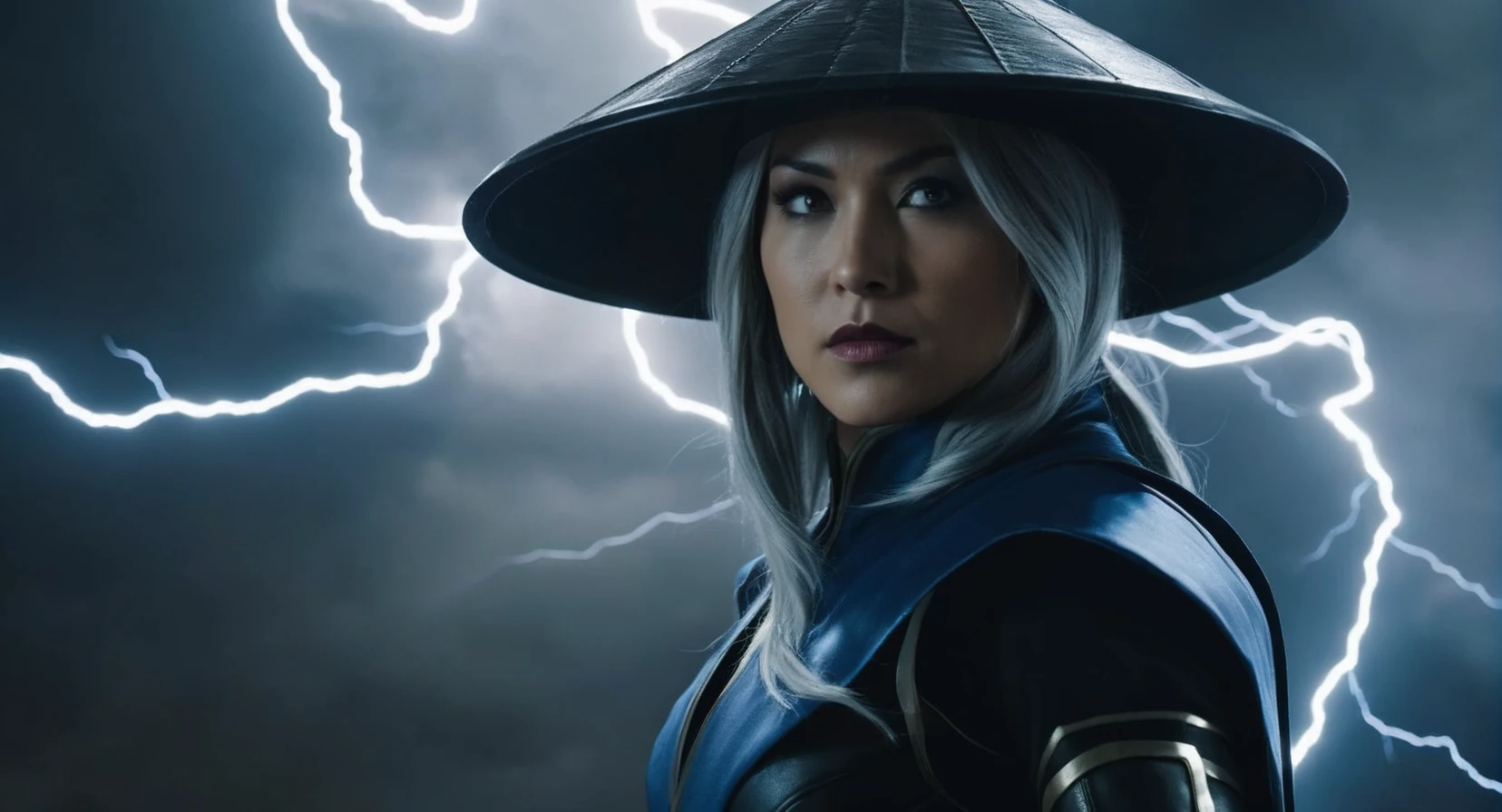 Dark Fantasy Art of (Cinematic Film stock footage style) in (arri alexa style) (Kodak film print style),
<lora:Mortal Kombat-000003:1>
Lord Raiden god of thunder who possesses control over lightning a woman in a costume and hat posing for a picture Mortal Kombat Style, dark, moody, dark fantasy style