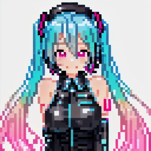 pixel art, 1girl, cute, sexy, transparent background, light smile, upper body, Hatsune Miku,pink hair, pink eyes, aqua hair, aqua eyes, multicolored hair, gradient hair, large breasts
