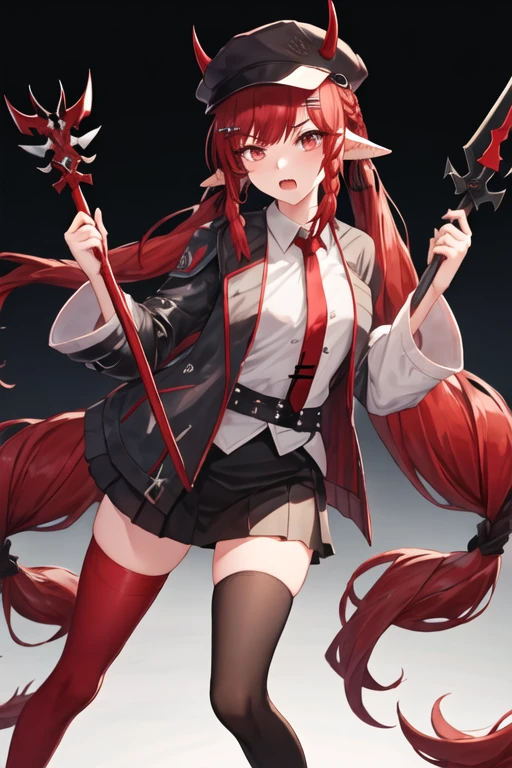best quality, masterpiece, highres, solo, {vigna_arknights:1.15}, horns, long_hair, red_hair, pointy_ears, red_eyes, hat, bangs, necktie, black_headwear, red_necktie, horns_through_headwear, hair_ornament, very_long_hair, braid, demon_horns, 1girl, holding, holding_weapon, polearm, shirt, weapon, white_shirt, mismatched_legwear, skirt, thighhighs, asymmetrical_legwear, long_sleeves, looking_at_viewer, black_skirt, collared_shirt, holding_polearm, belt, jacket, miniskirt, open_clothes, closed_mouth, low-tied_long_hair, open_mouth, twintails