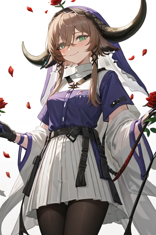 best quality, masterpiece, highres, solo, {pallas_arknights:1.15}, brown_hair, horns, flower, cow_horns, animal_ears, cow_ears, bangs, green_eyes, red_flower, cow_girl, hair_between_eyes, rose, red_rose, veil, upper_body, closed_mouth, short_hair_with_long_locks, petals, long_hair, 1girl, black_gloves, gloves, hair_over_one_eye, holding, looking_at_viewer, official_alternate_costume, short_hair, white_background, shirt, smile, dress, fingerless_gloves, greek_clothes, simple_background, white_dress