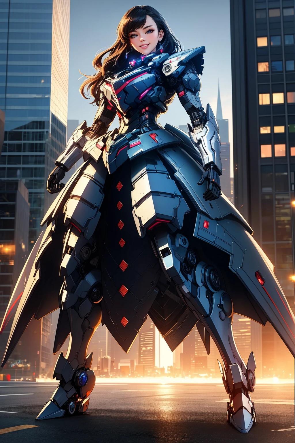 ((Masterpiece, best quality,edgQuality)), 
smiling,excited, edgMecha, a woman in a ([mecha suit|ballgown]::0.5) standing in front of a city at night ,woman wearing edgMecha_ballgown, mecha ballgown
 <lora:edgRoboGown:1>
