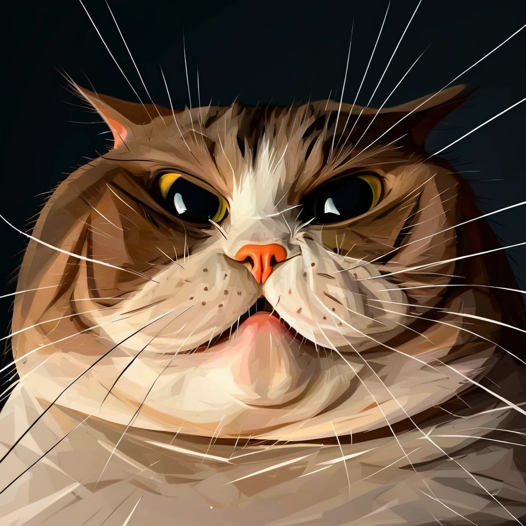 fisheye view of a scared fat cat with a big angry eyes and long whisk, dark background, caricature, albeniz rodriguez style <lora:albeniz-rodriguez-style-v2:0.5>