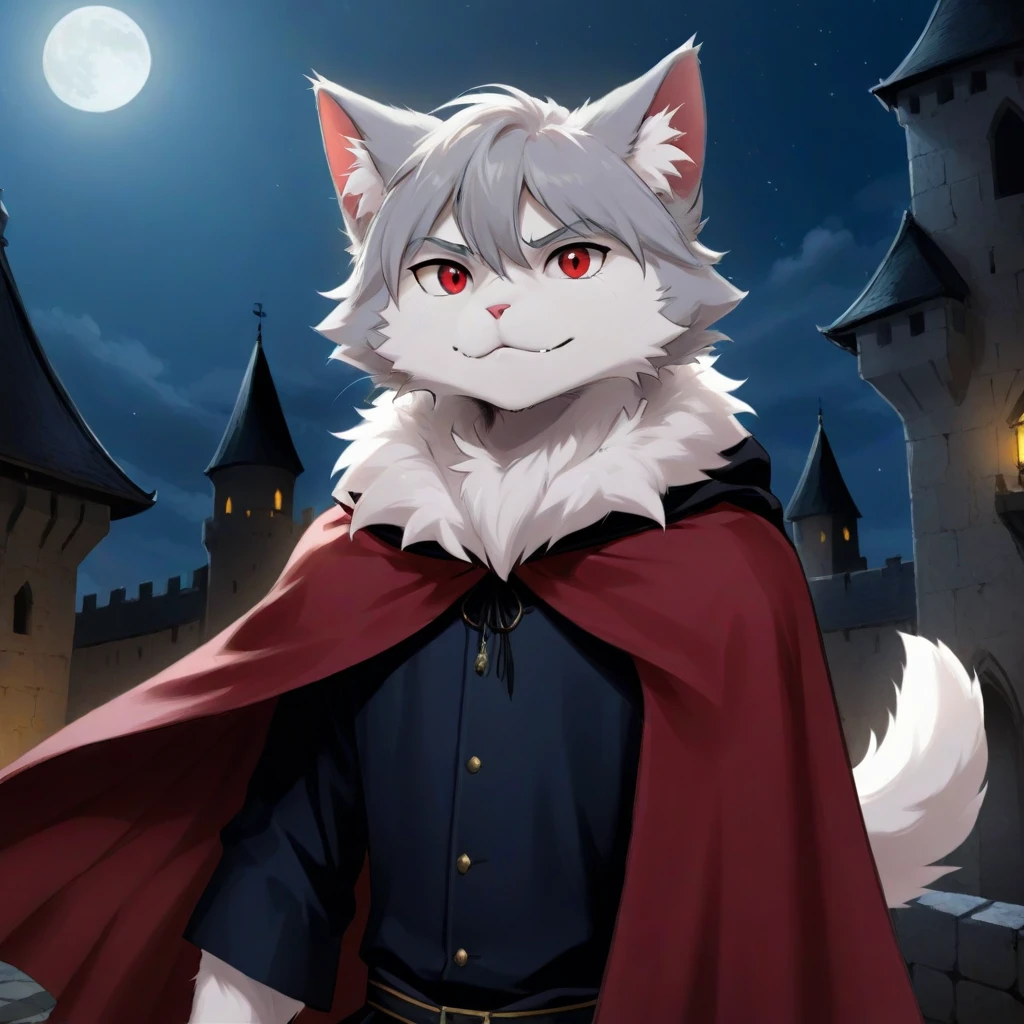 (dark environment:0.8), masterpiece, high quality, absurd res, digital painting \, (artwork\), by dagasi, yupa, kiyosan, (anthro, fluffy fur, character focus:1.1), anthro male cat, short hair, portrait, bright eyes, panorama, character focus., (detailed background:0.7), solo, furry, furry male, male focus, anthr, (Full body fur, fluffy tail, white fur, red eyes, gray hair:1.2), (long canines, vampire, cape:1.2, ), (interior, night, castle, coffin:1.1, )