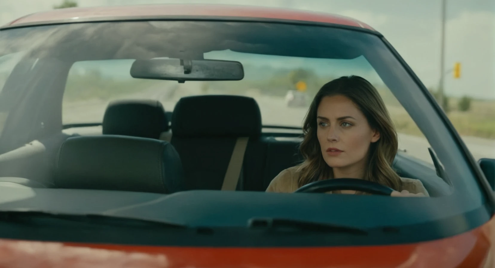 cinematic film still of <lora:Cinematic Film:1> Cinematic Film stock footage in (arri alexa style) Kodak film print, a woman sitting on a car at a stoplight Cinematic Film Style, shallow depth of field, vignette, highly detailed, high budget, bokeh, cinemascope, moody, epic, gorgeous, film grain, grainy