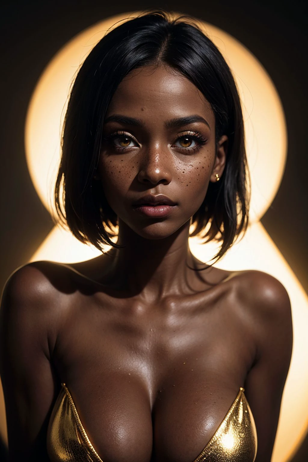 an eye contact of a Ugandan woman, (black skin:1.3), yellow spotlight, dark theme, lonely, Lavish, Matte black eyeshadow with a cut crease, metallic lipstick, golden ratio, Almond-shaped eyes, Freckles, indietronica, soft lighting, bokeh