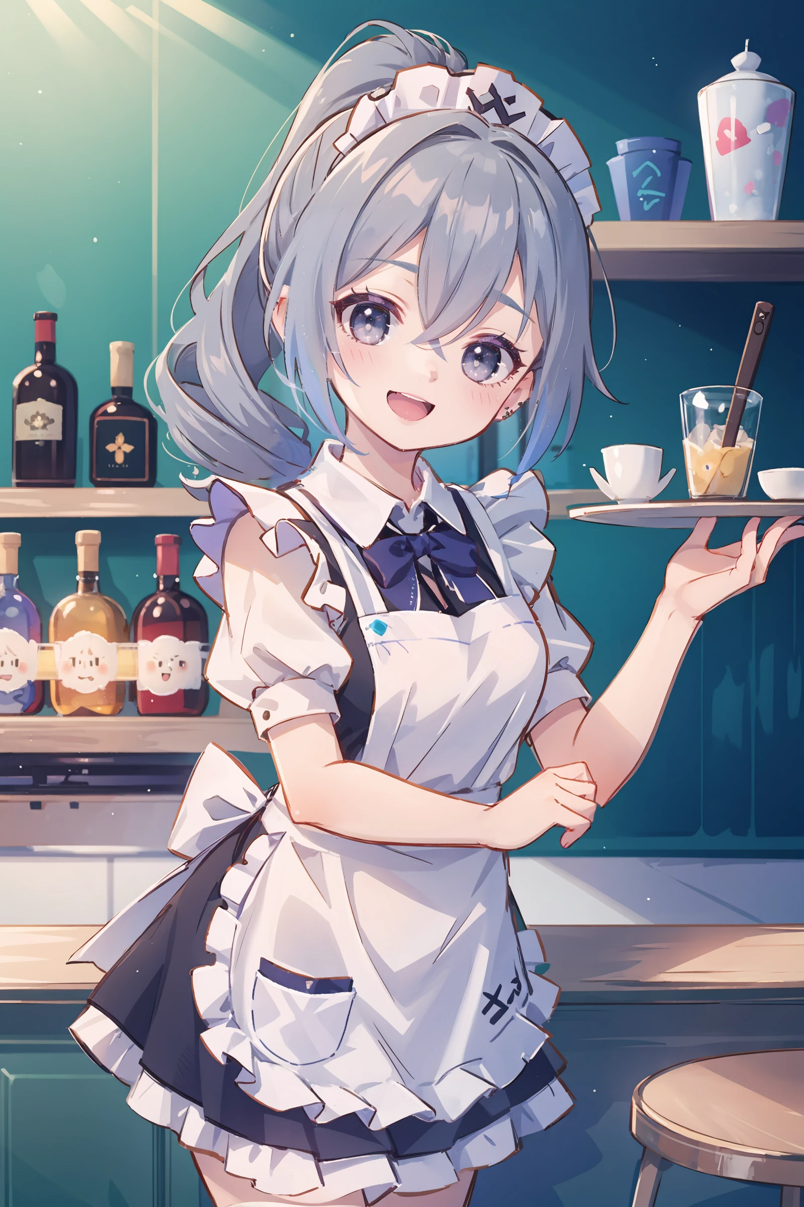 1girl, silver wolf \(honkai: star rail\), drill ponytail, maid, maid headdress, maid apron, happy, open mouth, looking at viewer, cowboy shot, bar \(place\), indoors, depth of field