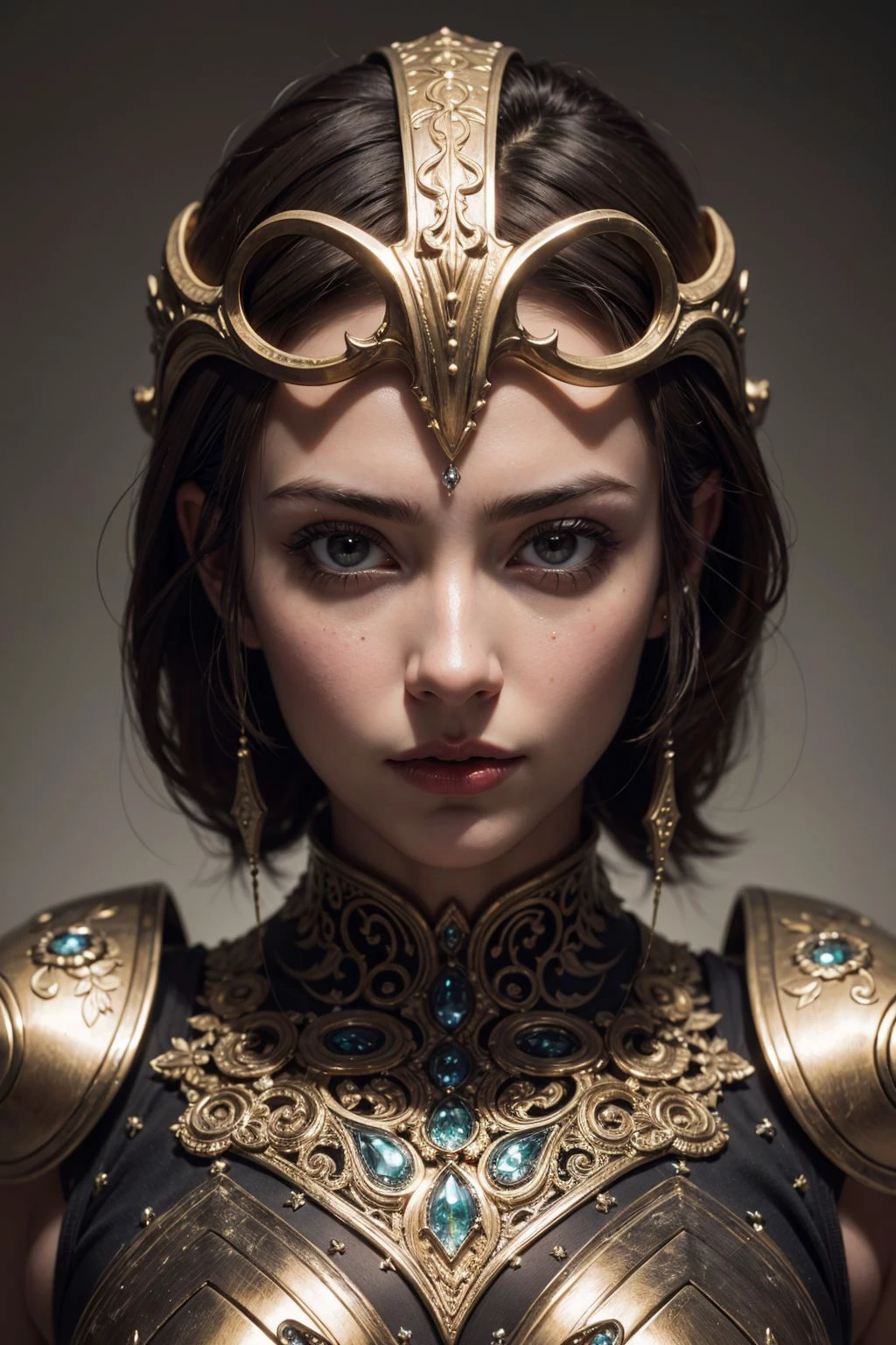 (8k, RAW photo, highest quality), hyperrealistic, intricate abstract, intricate artwork, abstract style, mesmerizing portrait of a woman with golden armor, delicate diamond patterns, armor from another world, insanely detailed features, reflecting lights, glimmering lights, dark elements, shiny, bioluminescence, non-representational, colors and shapes, expression of feelings, imaginative, highly detailed, extremely high-resolution details, photographic, realism pushed to extreme, fine texture, 4k, ultra-detailed, high quality, high contrast
