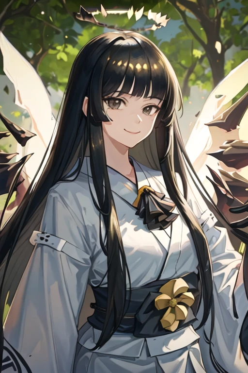 best quality, masterpiece, highres, solo, {yukata:1.40}, {kimono:1.20}, {virtuosa_arknights:1.15}, long_hair, bangs, black_hair, halo, smile, closed_mouth, ascot, very_long_hair, wings, black_eyes, blunt_bangs