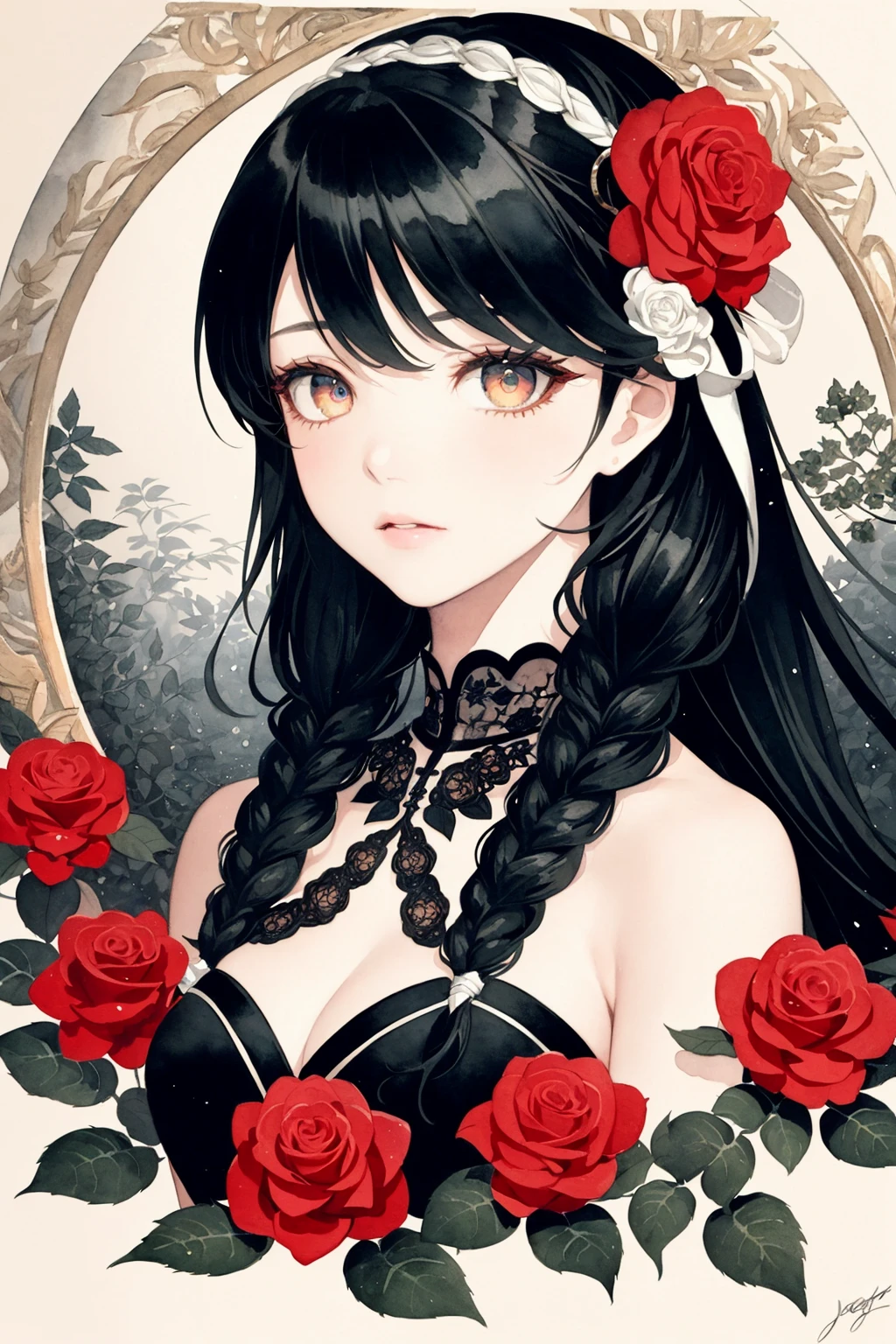 masterpiece, best quality, extremely detailed, watercolor, masterpiece, best quality, extremely detailed, 1girl, (portrait:1.5), beautiful detailed eyes, full body, beautiful detailed face, black hair, (Botanical illustration:1.5), white dress, 1990s (style), (limited palette:1.2), double braid hair, wave hair, long hair, (close eyes:0.9) Face, masterpiece, best quality, CG, wallpaper, HDR, high quality, high-definition, extremely detailed, ((1girl))ï¼white hair, cute face, legs up.wrist cuffs, Detached Sleeves, (Hair Flower:1.05), ((floating hair))Shoulder, Low Twintails, (Red Gradient eyes:1.16), (red rose hair accessories:1.05), modern Gothic long skirts, (beautiful detailed eyes), eye shadow