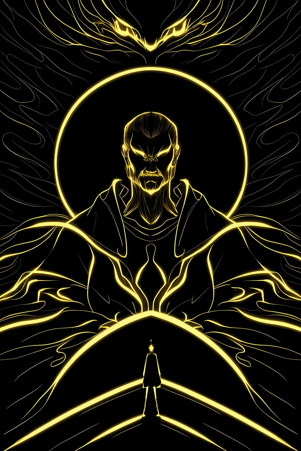 a man standing in front of a projection of immortal,halo,<lora:eastern_mythology_v1_512_preview:0.6>,