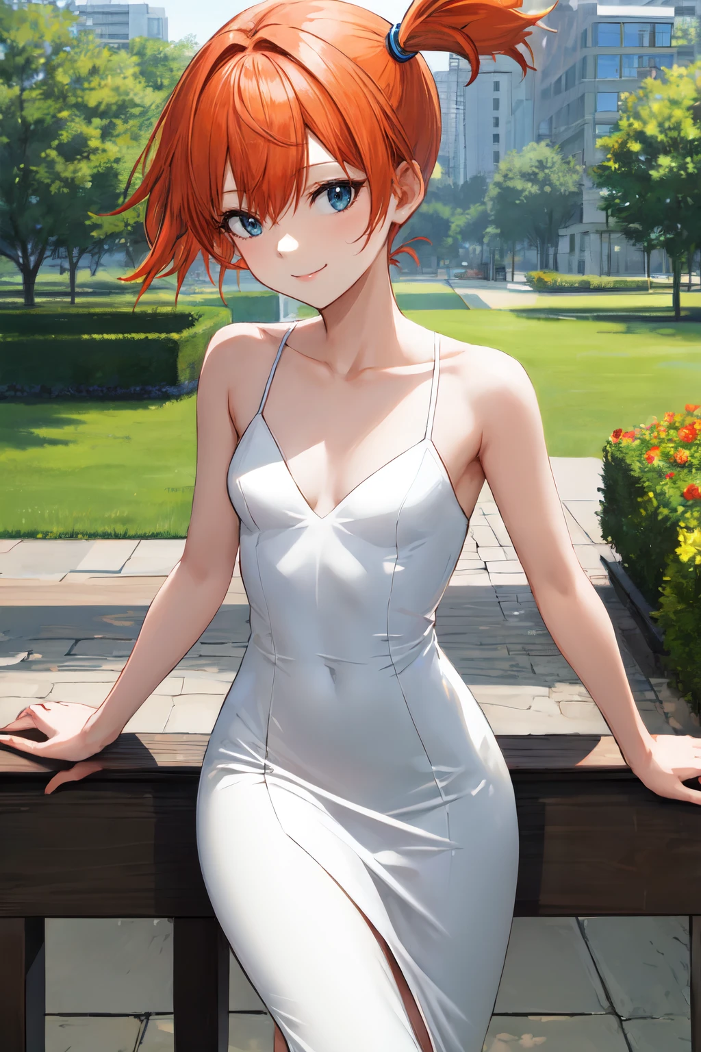 misty pokemon, orange hair,  1girl, small breasts, solo, looking at viewer, short hair,outdoors ,smile,Polished and tailored pencil dress with a V-neckline and structured shoulders<lora:misty_pokemon:1>