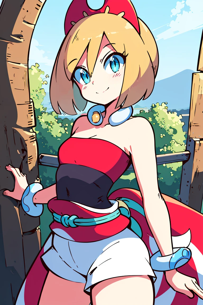 <lora:Diives_Style:1>, ((masterpiece,best quality)), absurdres, <lora:irida_(pokemon)_v1:0.7>, aairida, short hair, red hairband, neck ring, collar, strapless shirt, red shirt, bracelet, sash, waist cape, white shorts, bare legs, solo, smiling, looking at viewer, cowboy shot, cinematic composition, contrapposto,