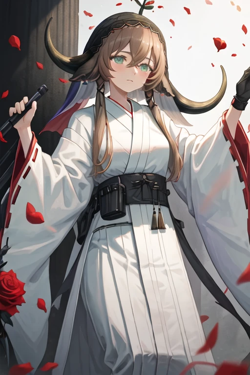 best quality, masterpiece, highres, solo, {white kimono:1.35}, {red hakama:1.35}, {wide sleeves:1.20}, {pallas_arknights:1.15}, brown_hair, horns, flower, cow_horns, animal_ears, cow_ears, bangs, green_eyes, red_flower, cow_girl, hair_between_eyes, rose, red_rose, veil, upper_body, closed_mouth, short_hair_with_long_locks, petals, long_hair