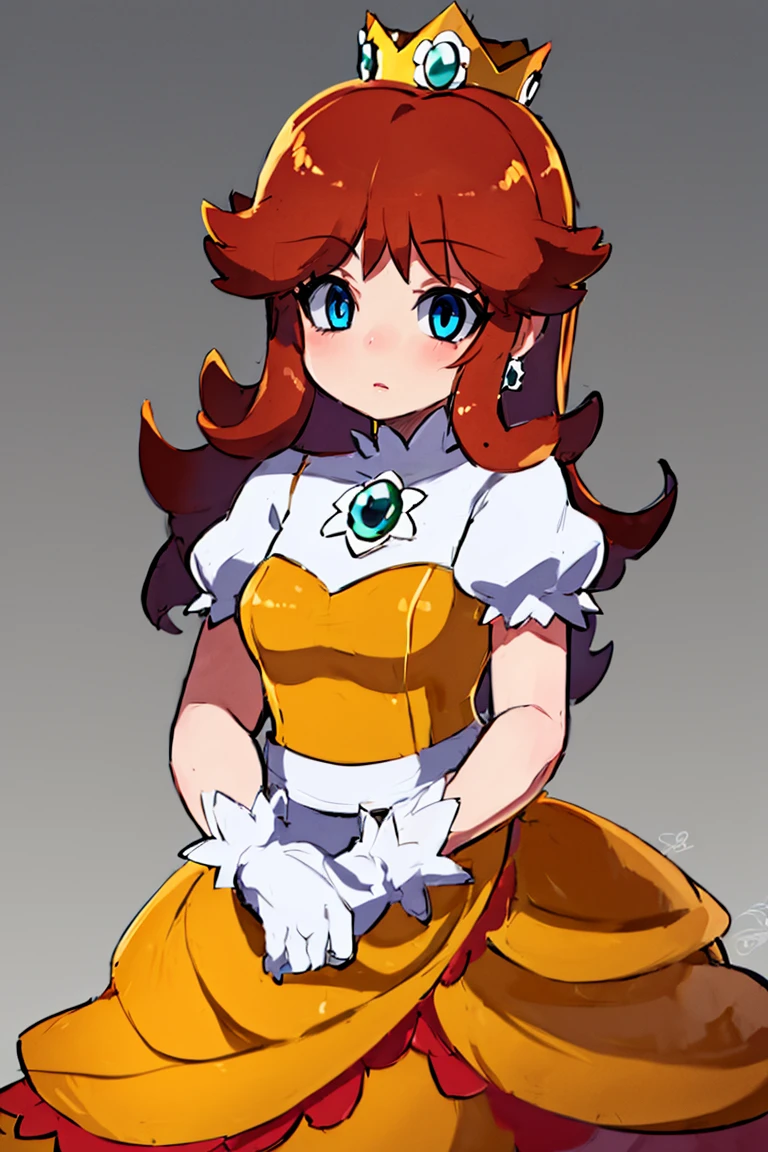 <lora:Zankuro_AnyLora_Dim32:0.8>, (masterpiece, best quality), 1girl,   <lora:princessdaisy-lora-nochekaiser:1> princess daisy, blue eyes, long hair, orange hair, crown, daisy, dress, flower, gem, gloves, orange dress, puffy short sleeves, puffy sleeves, short sleeves, white gloves,