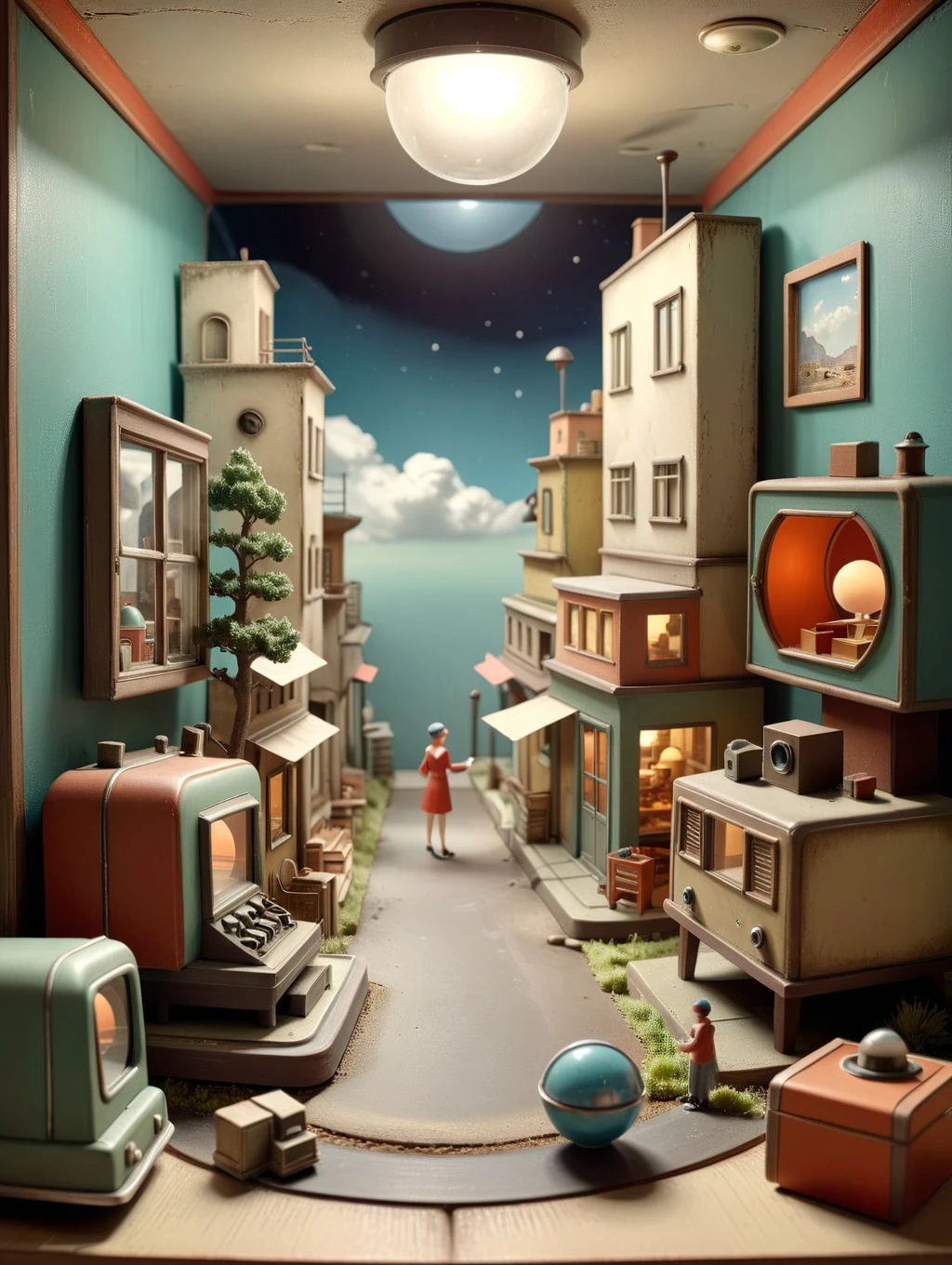 <lora:Diorama:1>Diorama - surreal retro 3d diorama, in the style of Florence Thomas,Adobe Photoshop, ultra HD, strong perspective, depth of field , view finder lens, detailed scenes, SMC Takumar 35mm f/ 2. 8 c 50--s 1000