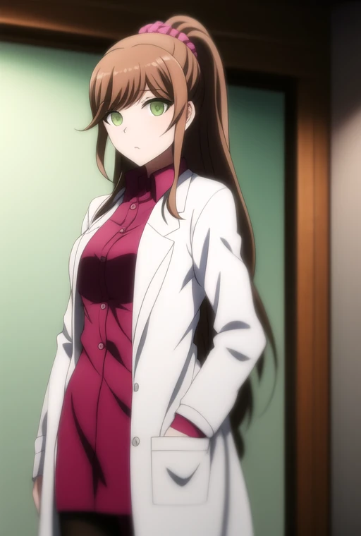 brown hair, green eyes, long hair, ponytail, bangs ,scrunchie, shirt, labcoat, pantyhose,
looking at viewer,standing, YukizomeChisaZy, <lora:YukizomeChisaZy-000007:0.8>
1girl, solo,