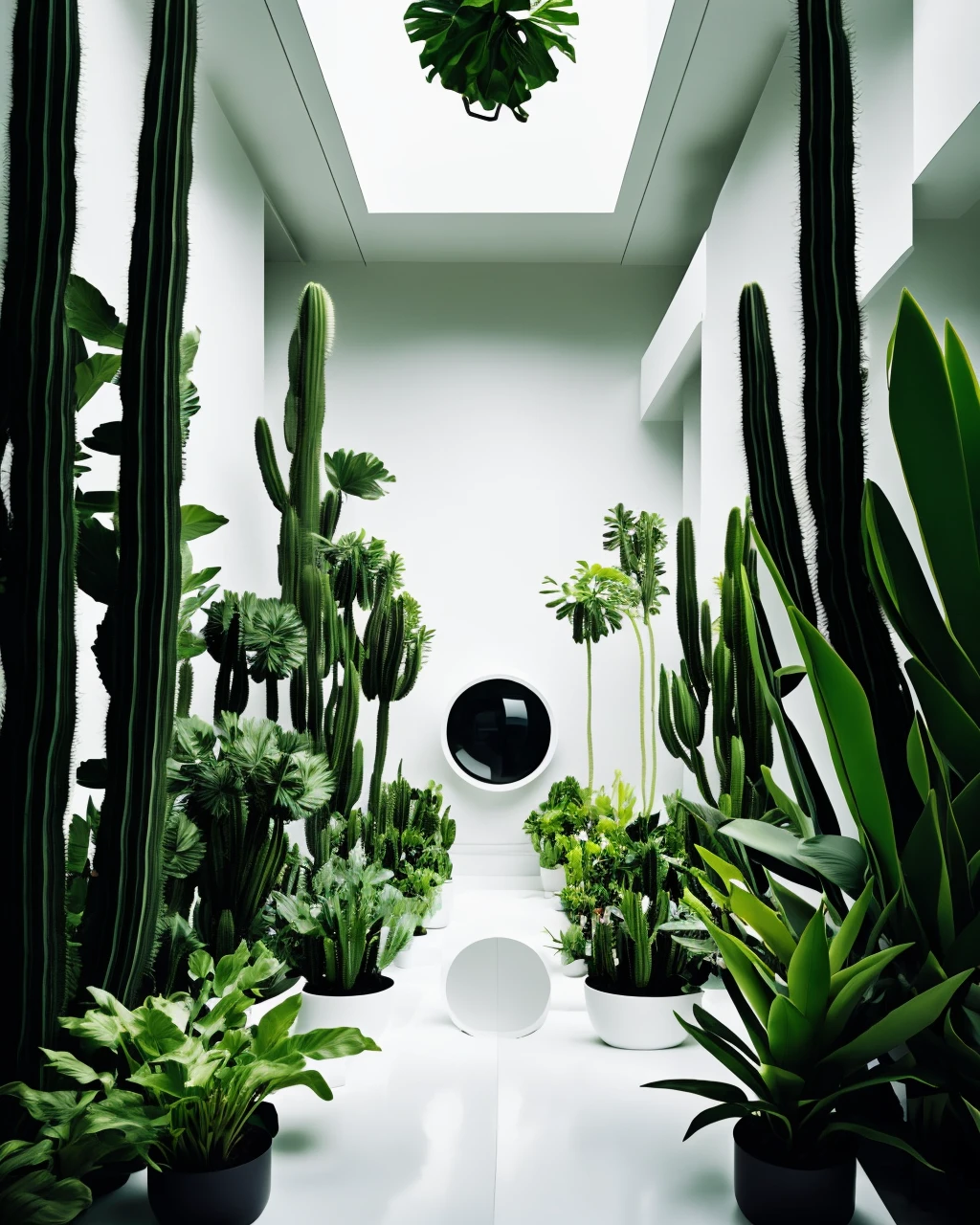 a view of a space station with a lot of plants , a white room with a lot of white furniture