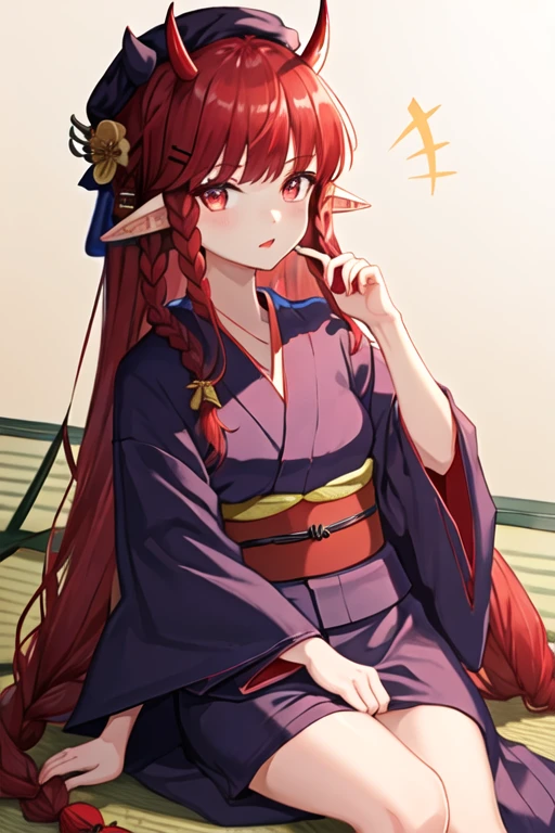 best quality, masterpiece, highres, solo, {yukata:1.40}, {kimono:1.20}, {vigna_arknights:1.15}, horns, long_hair, red_hair, pointy_ears, red_eyes, hat, bangs, necktie, black_headwear, red_necktie, horns_through_headwear, hair_ornament, very_long_hair, braid, demon_horns