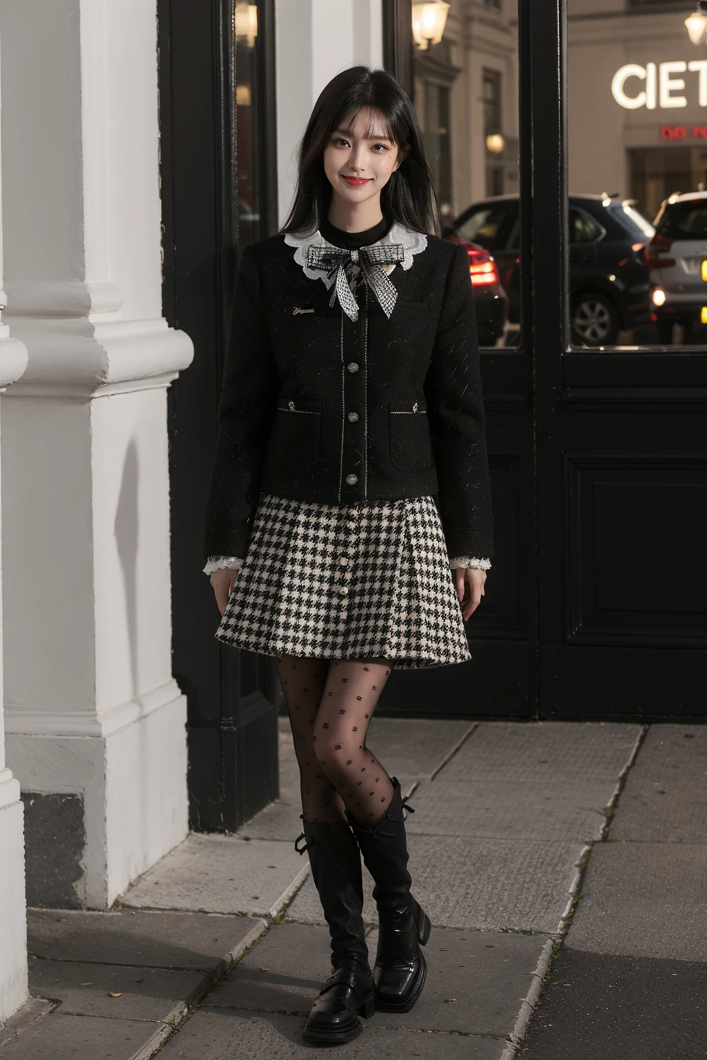 best quality, masterpiece, photorealistic, 1girl, solo, standing, long black hair, straight hair, blunt bangs, looking at viewer, smile, full body, dating attire, jacket, skirt, pantyhose, knee boots, in street, cafe, shop, people, detailed background, night, <lora:dating_attire_style5_v1:0.7>