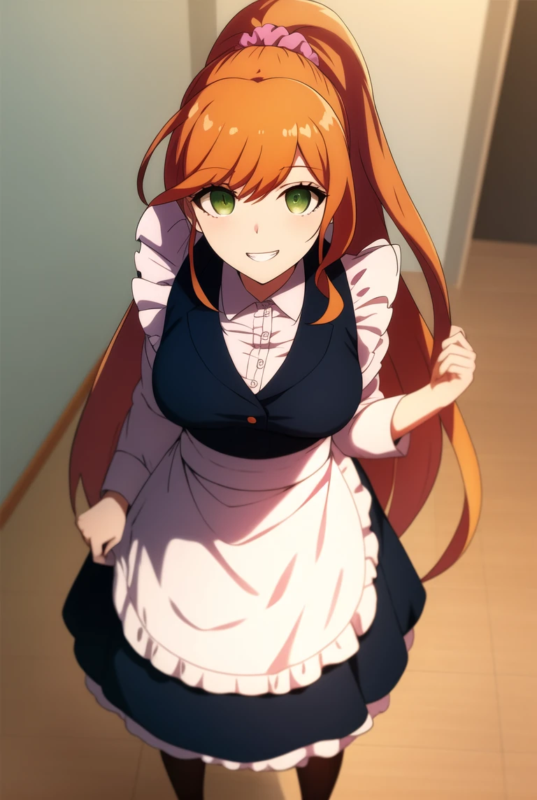 masterpiece, best quality,
orange hair, green eyes, long hair, ponytail, bangs ,scrunchie, shirt, labcoat, pantyhose,
looking at viewer,standing, YukizomeChisaZy, <lora:YukizomeChisaZy-000007:0.8>
1girl, solo, smiling, maid apron,long sleeves, high ponytail, upper teeth only, teeth, white apron, frills, very long hair, large breasts,