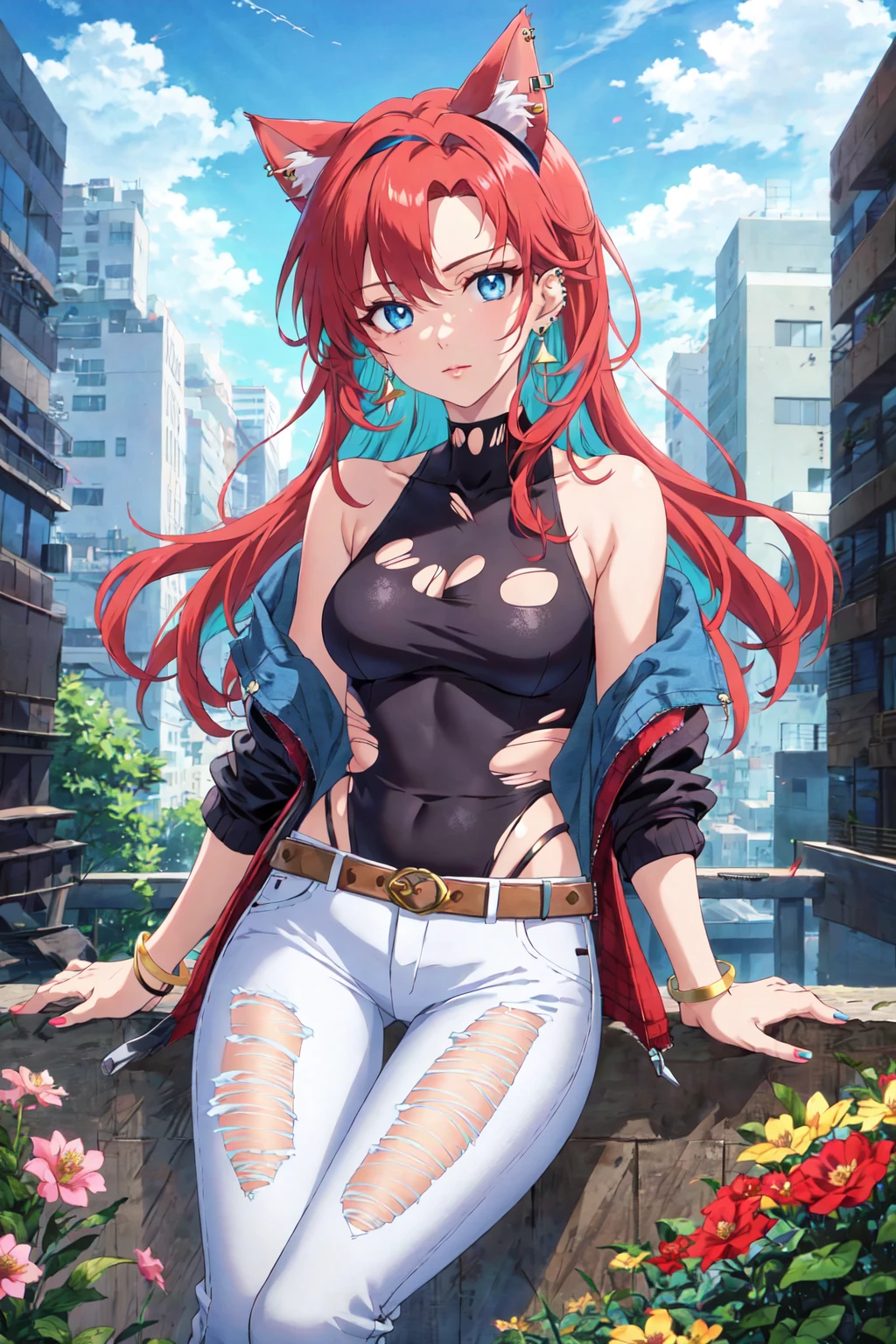 masterpiece, best quality, rseFlannery, black shirt, midriff, red belt, jeans, cowboy shot, short sleeves, large breasts, city, sky, looking at viewer, hair tied up, ((low rise jeans)), (pelvis), crimson red eyes, ((underboob)), thighs