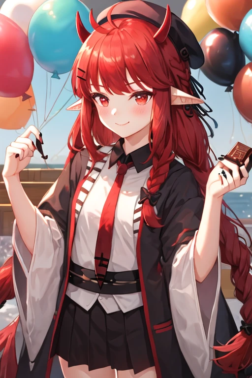 best quality, masterpiece, highres, solo, {vigna_arknights:1.15}, horns, long_hair, red_hair, pointy_ears, red_eyes, hat, bangs, necktie, black_headwear, red_necktie, horns_through_headwear, hair_ornament, very_long_hair, braid, demon_horns, 1girl, ahoge, beret, closed_mouth, holding, looking_at_viewer, smile, black_nails, nail_polish, balloon, blush, book, chocolate, flower, food, fur_collar, hair_flower, japanese_clothes, kimono, paddle, upper_body